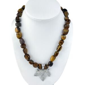 Tiger's Eye Pewter Maple Leaf Pendant Necklace | Sterling Clasp | 18"